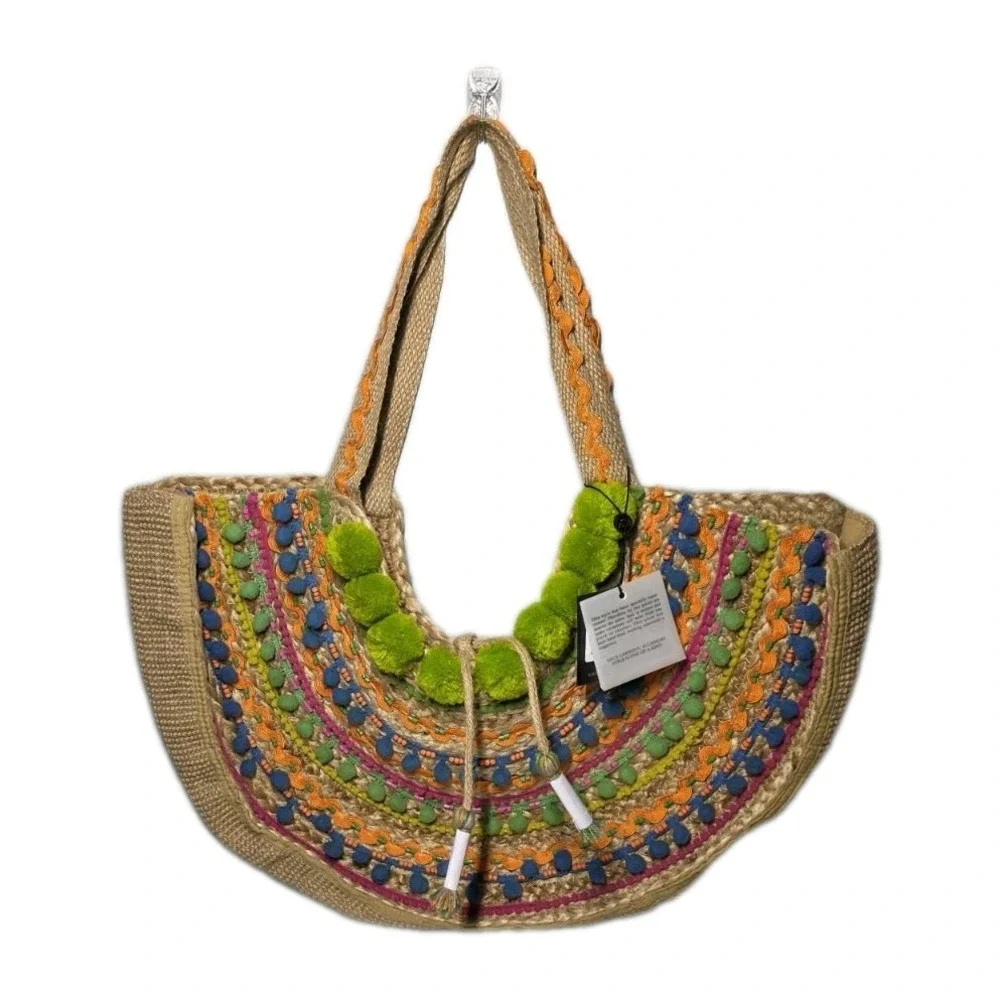 NWT America & Beyond Pom Pom Fiesta Jute Tote Bag Beach Pool - Picture 1 of 9